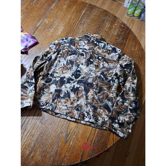 Small Chicos Size 0 Brown Tan Black Gold Metallic Button Up Floral Denim Jacket - Picture 4 of 4